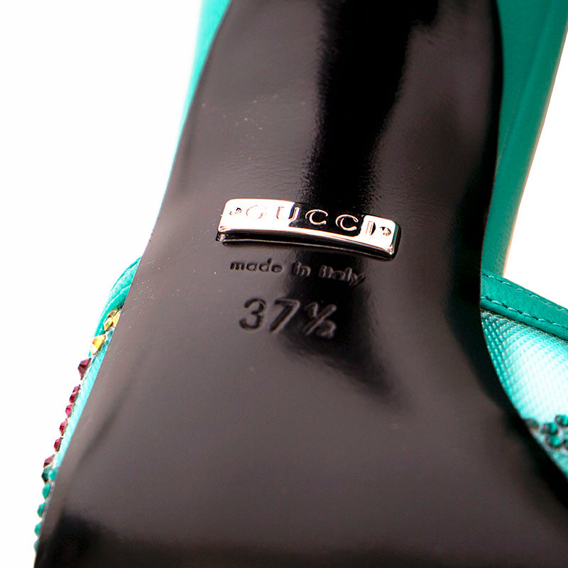 37 NEW $1,050 GUCCI Teal Mesh MULTICOLOR CRYSTAL GG Mid-heel SLIDE SANDALS NIB