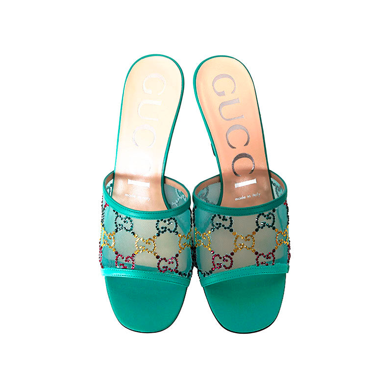 37 NEW $1,050 GUCCI Teal Mesh MULTICOLOR CRYSTAL GG Mid-heel SLIDE SANDALS NIB