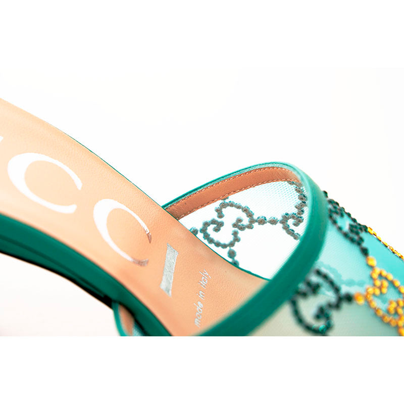 37 NEW $1,050 GUCCI Teal Mesh MULTICOLOR CRYSTAL GG Mid-heel SLIDE SANDALS NIB