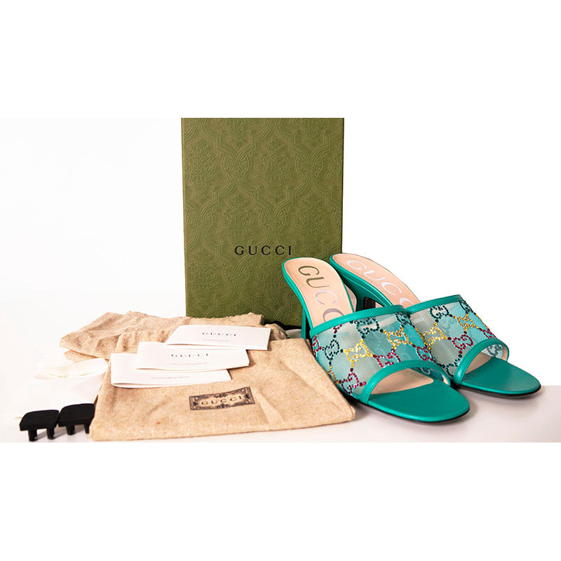 37 NEW $1,050 GUCCI Teal Mesh MULTICOLOR CRYSTAL GG Mid-heel SLIDE SANDALS NIB