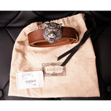 L110/44 NEW $655 GUCCI Mens Rugged Brown Leather TIGER FELINE GG LOGO BUCKLE BELT