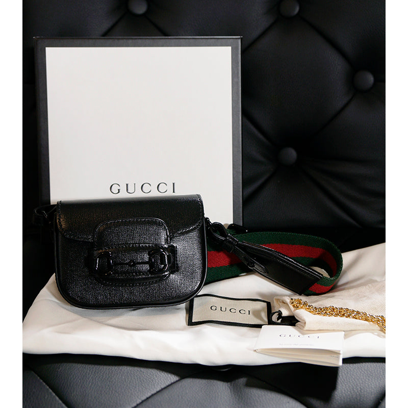 NEW $1,790 GUCCI Black Leather Nano Mini HORSEBIT 1955 BAG w 2 Removable STRAPS