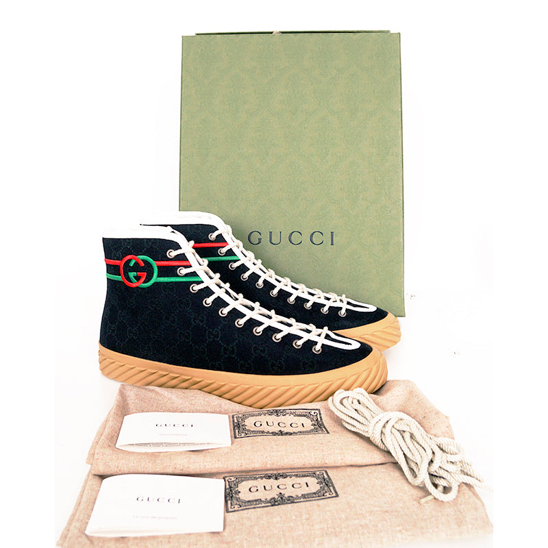 11.5G US 12 NEW $750 GUCCI Black GG CANVAS Red/Green GG LOGO High-top SNEAKERS