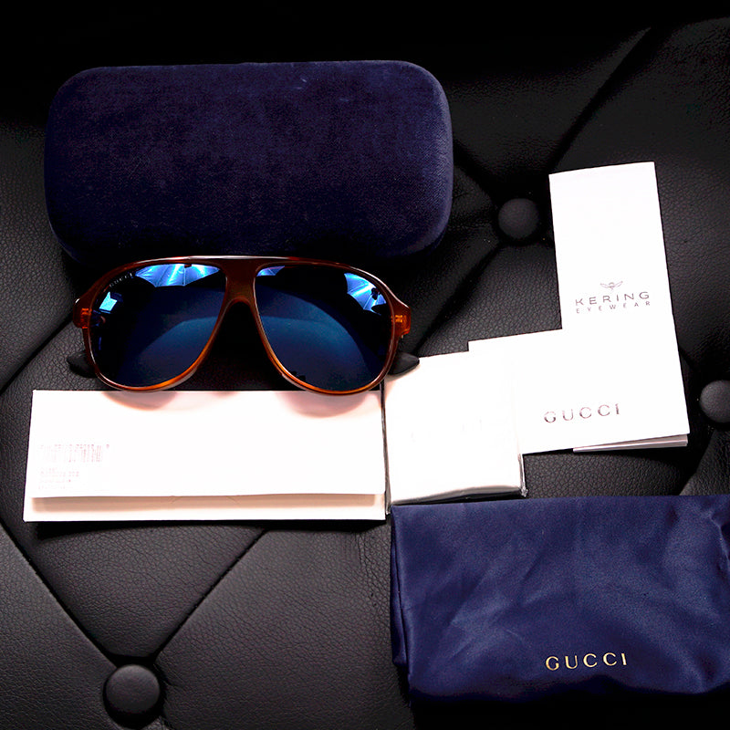 NEW $435 GUCCI Men's/Unisex Havanna Brown Logo Flag PILOT/Aviator SUNGLASSES NWT
