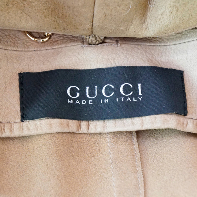 sz 42 VINTAGE $3,000 GUCCI Tan LEATHER NUBUCK SHEARLING LINED Bomber JACKET EUC