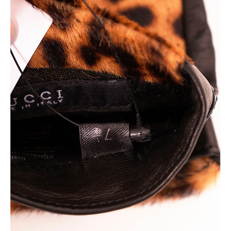 Sz 7.5 NEW $635 GUCCI RUNWAY JAGUAR Leopard Calf Hair BLACK LEATHER GG GLOVES