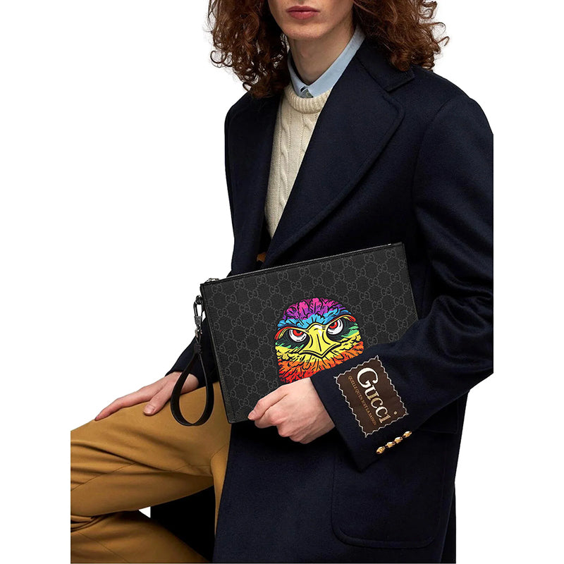 NEW $1,075 GUCCI GG Supreme Monogram RAINBOW EAGLE Bestiary Documents Holder BAG