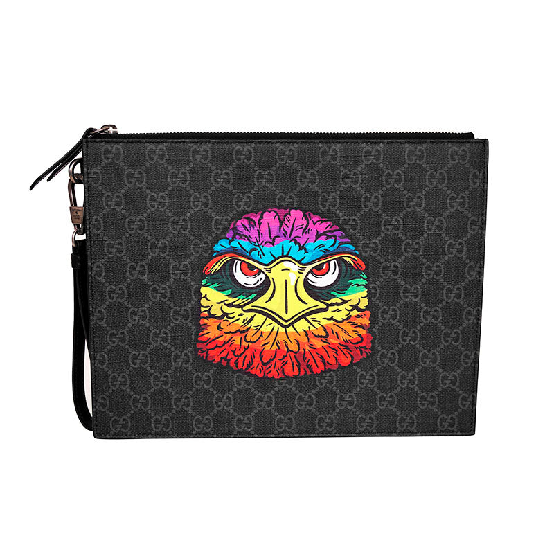 NEW $1,075 GUCCI GG Supreme Monogram RAINBOW EAGLE Bestiary Documents Holder BAG