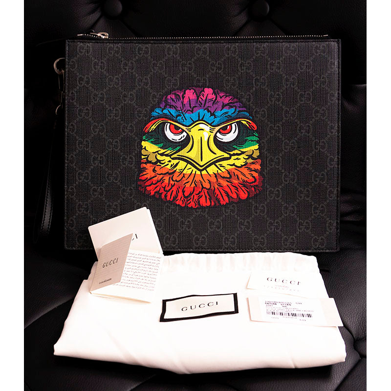 NEW $1,075 GUCCI GG Supreme Monogram RAINBOW EAGLE Bestiary Documents Holder BAG