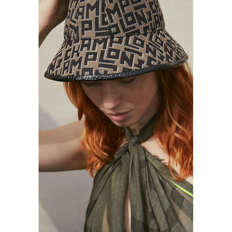 NEW $290 LONGCHAMP RUNWAY Tan & Black LGP Monogram Jacquard Canvas FEDORA HAT