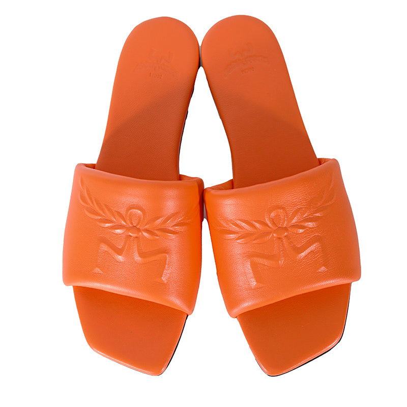 37 NEW $490 MCM Orange Italian Lamb Leather LAUREL LOGO Flat Slide SANDALS NIB