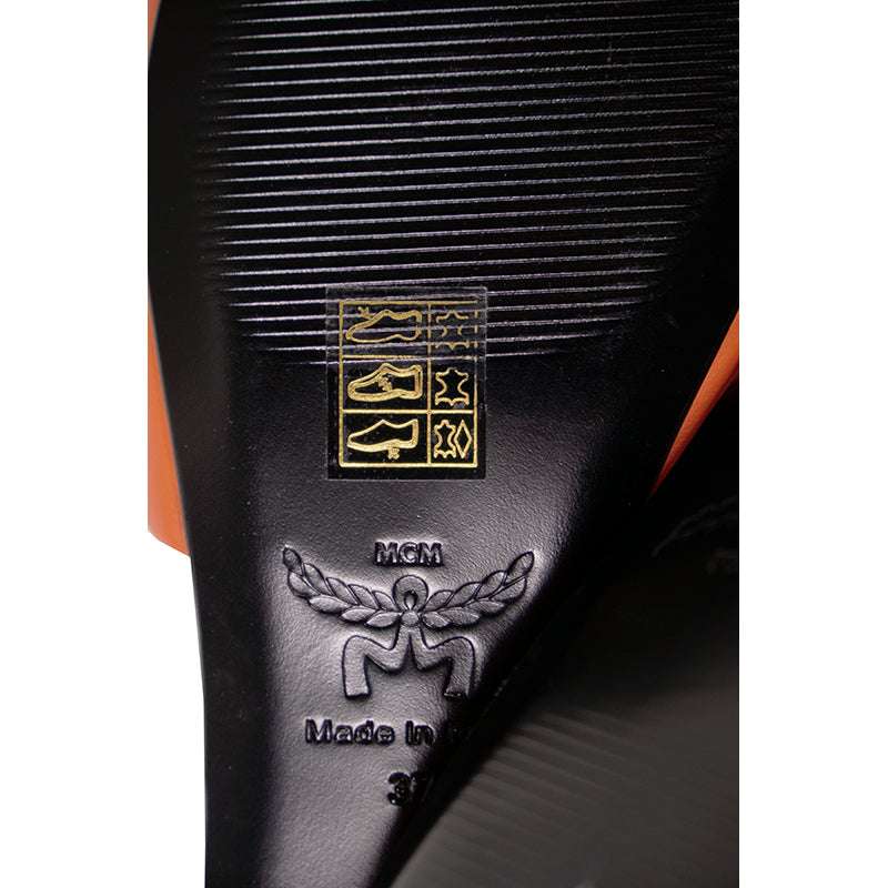 37 NEW $490 MCM Orange Italian Lamb Leather LAUREL LOGO Flat Slide SANDALS NIB
