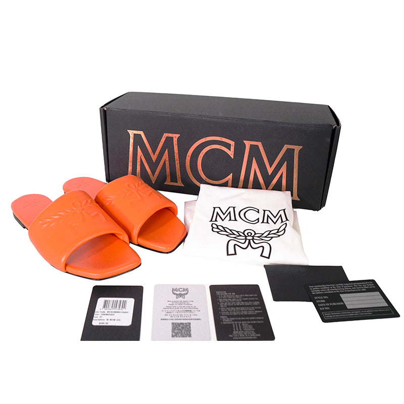 37 NEW $490 MCM Orange Italian Lamb Leather LAUREL LOGO Flat Slide SANDALS NIB