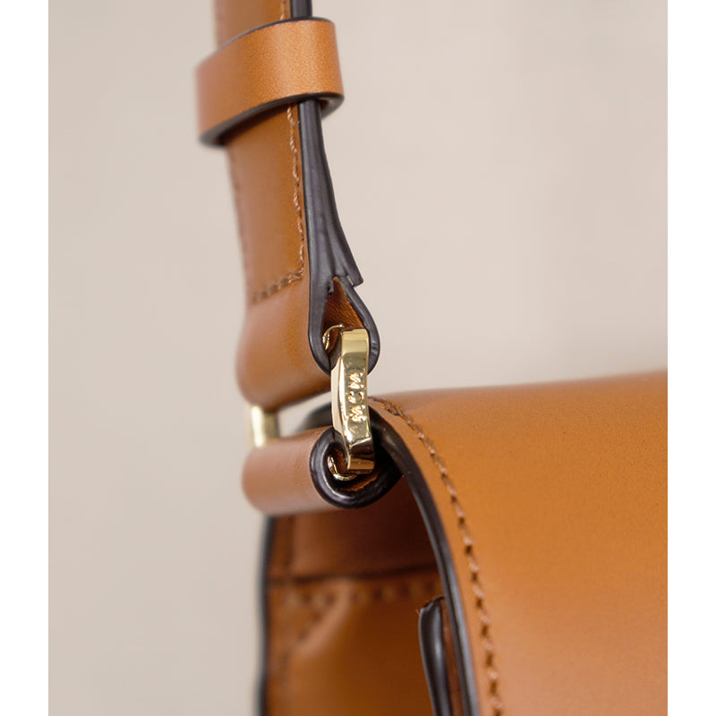 NEW $1,530 MCM Tan Cognac Leather CUBIC LOGO TRACY Shoulder/Crossbody Medium BAG