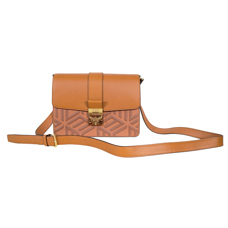NEW $1,530 MCM Tan Cognac Leather CUBIC LOGO TRACY Shoulder/Crossbody Medium BAG