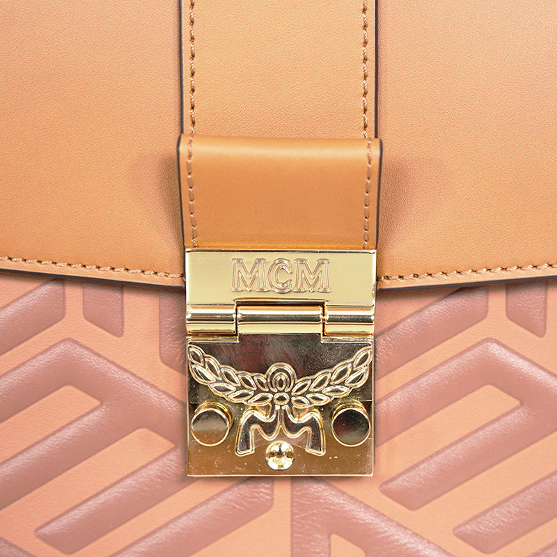 NEW $1,530 MCM Tan Cognac Leather CUBIC LOGO TRACY Shoulder/Crossbody Medium BAG