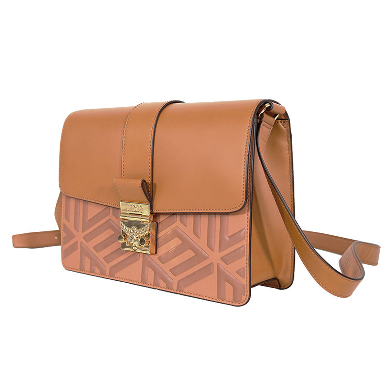 NEW $1,530 MCM Tan Cognac Leather CUBIC LOGO TRACY Shoulder/Crossbody Medium BAG