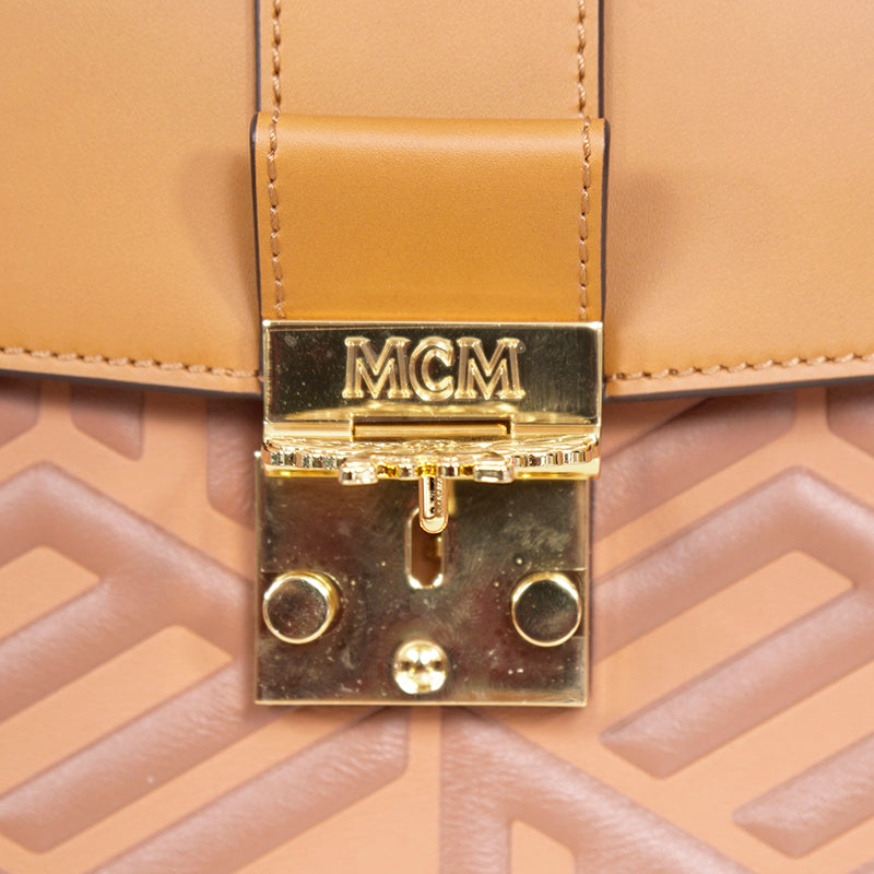 NEW $1,530 MCM Tan Cognac Leather CUBIC LOGO TRACY Shoulder/Crossbody Medium BAG