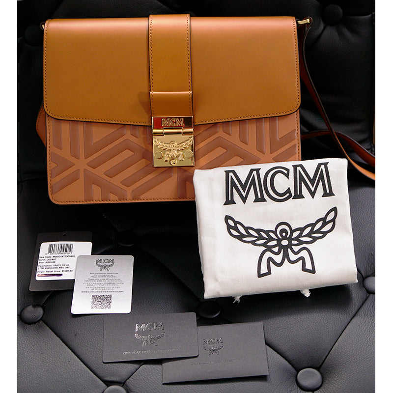 NEW $1,530 MCM Tan Cognac Leather CUBIC LOGO TRACY Shoulder/Crossbody Medium BAG