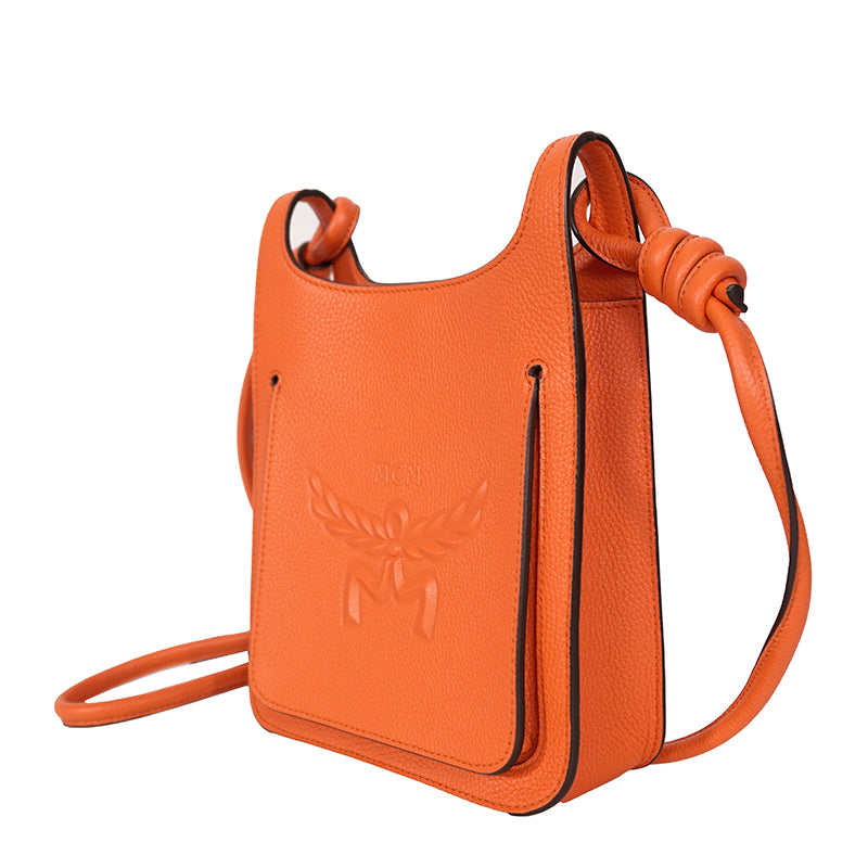 NEW $890 MCM Orange Grained Leather MINI HIMMEL CREST LOGO Hobo Crossbody BAG