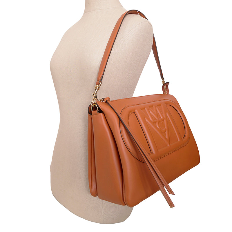 NEW $1,400 MCM Cognac Tan Nappa Leather MODE TRAVIA LOGO Medium 2-Way BAG Italy