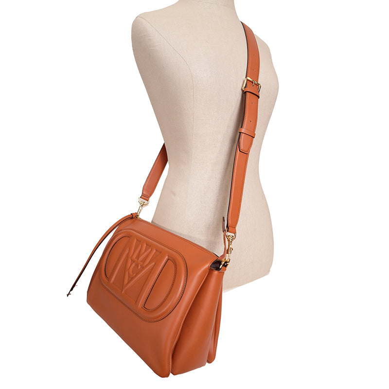 NEW $1,400 MCM Cognac Tan Nappa Leather MODE TRAVIA LOGO Medium 2-Way BAG Italy