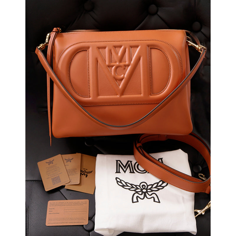 NEW $1,400 MCM Cognac Tan Nappa Leather MODE TRAVIA LOGO Medium 2-Way BAG Italy