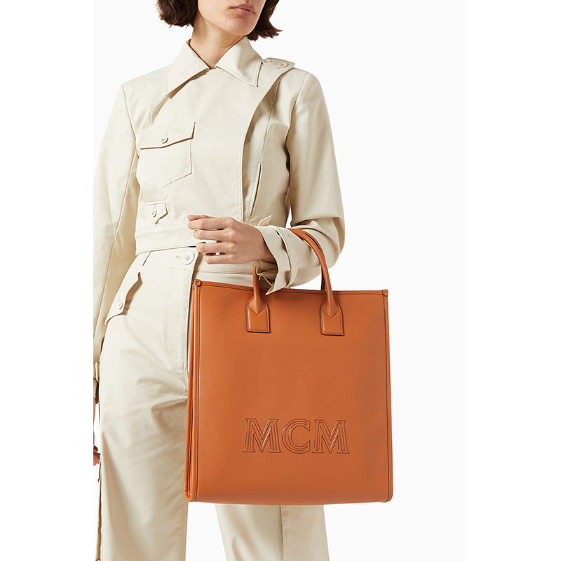 NEW $1,090 MCM Cognac Spanish Calf Leather LOGO Medium KLASSIK Tote BAG & STRAP