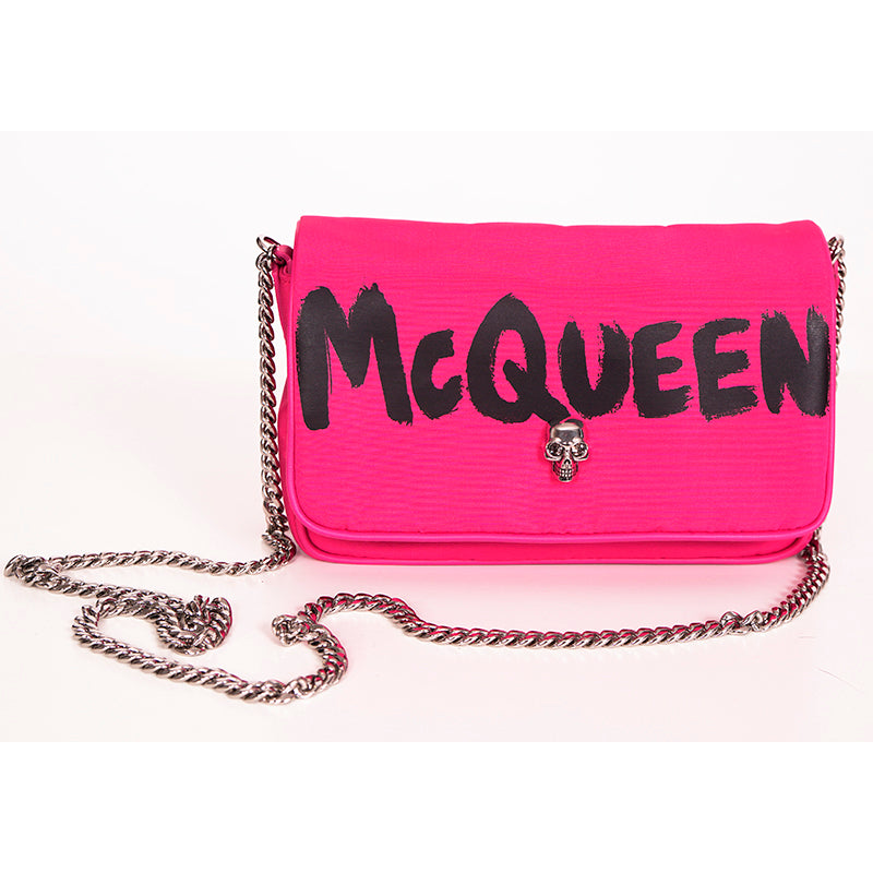 NEW $890 ALEXANDER MCQUEEN Hot BOBBY PINK Nylon CRYSTAL SKULL GRAFFITI Flap BAG!