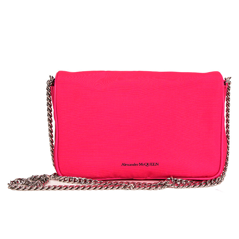 NEW $890 ALEXANDER MCQUEEN Hot BOBBY PINK Nylon CRYSTAL SKULL GRAFFITI Flap BAG!