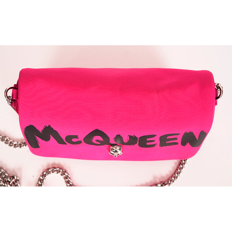 NEW $890 ALEXANDER MCQUEEN Hot BOBBY PINK Nylon CRYSTAL SKULL GRAFFITI Flap BAG!