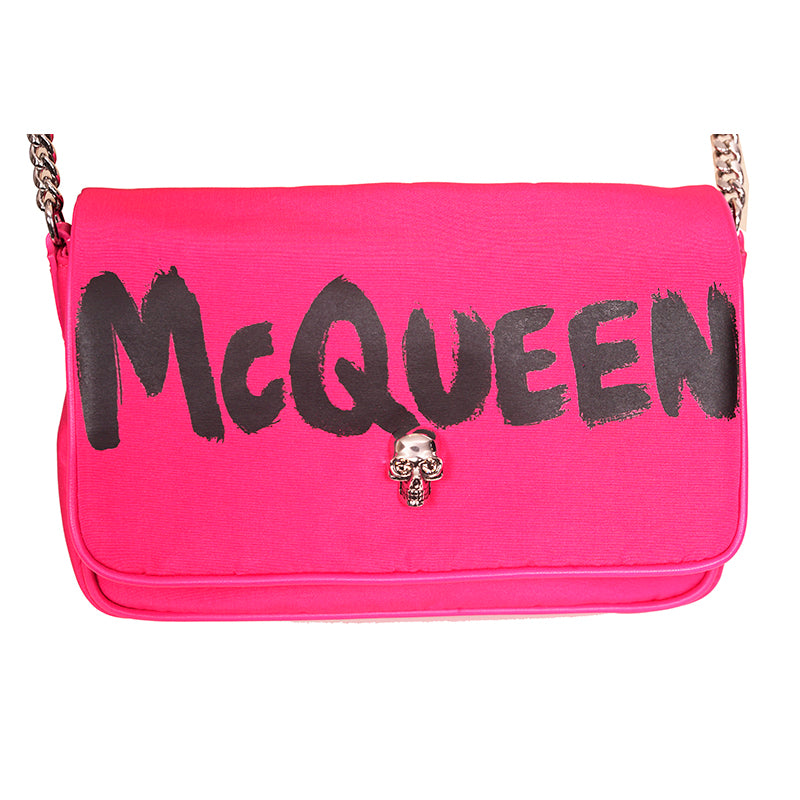 NEW $890 ALEXANDER MCQUEEN Hot BOBBY PINK Nylon CRYSTAL SKULL GRAFFITI Flap BAG!