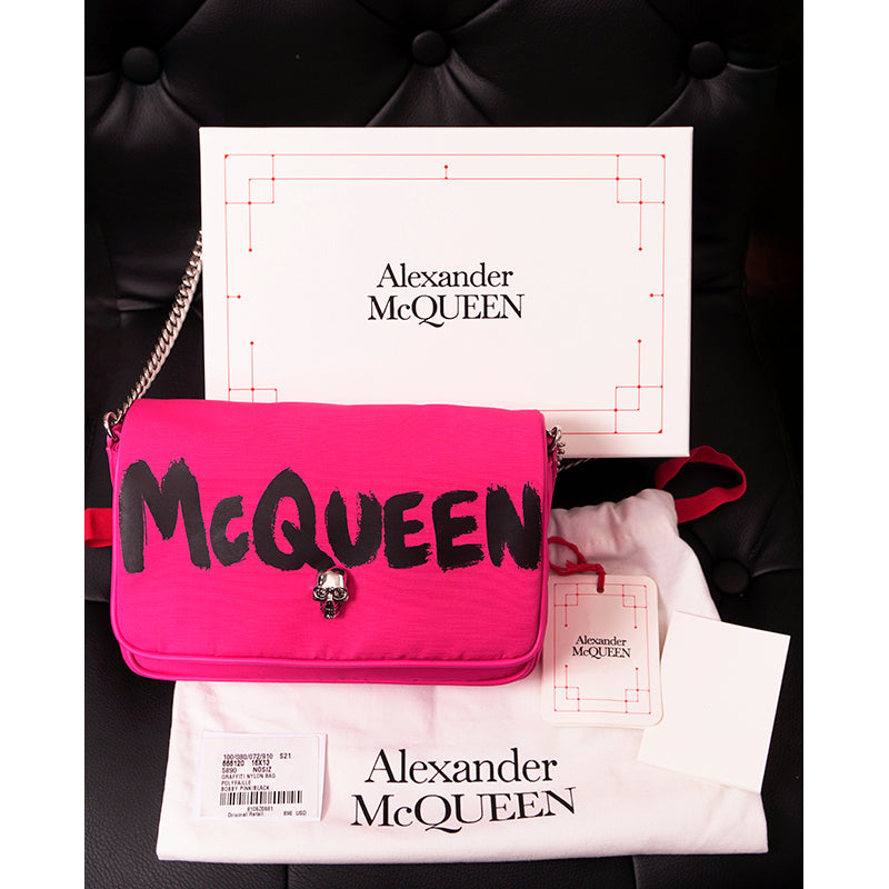 NEW $890 ALEXANDER MCQUEEN Hot BOBBY PINK Nylon CRYSTAL SKULL GRAFFITI Flap BAG!