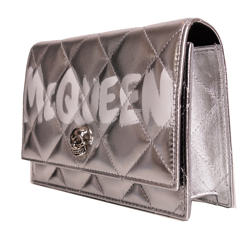 NEW $1290 ALEXANDER MCQUEEN Silver GRAFFITI Quilted Leather SKULL Crossbody BAG