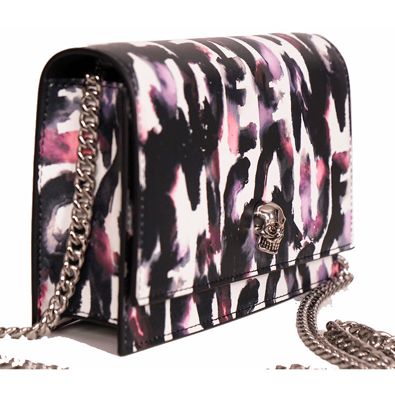 NEW $1290 ALEXANDER MCQUEEN Pink WATERCOLOR GRAFFITI Leather SKULL Crossbody BAG