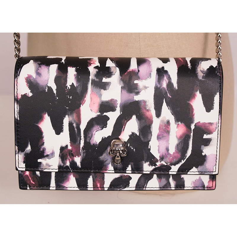 NEW $1290 ALEXANDER MCQUEEN Pink WATERCOLOR GRAFFITI Leather SKULL Crossbody BAG