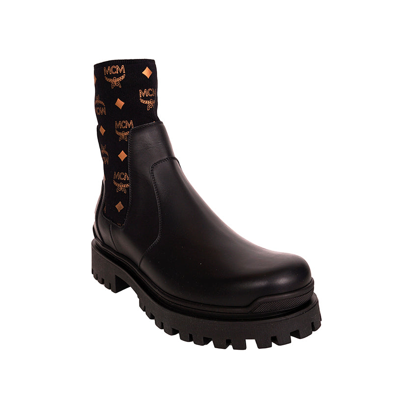 45 US 12 NEW $750 MCM Men Black Leather Cognac LOGO MONOGRAM Knit Chelsea BOOTS