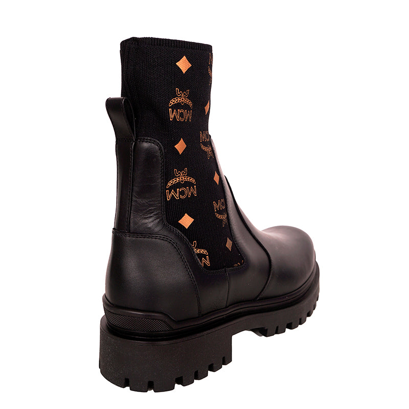 45 US 12 NEW $750 MCM Men Black Leather Cognac LOGO MONOGRAM Knit Chelsea BOOTS