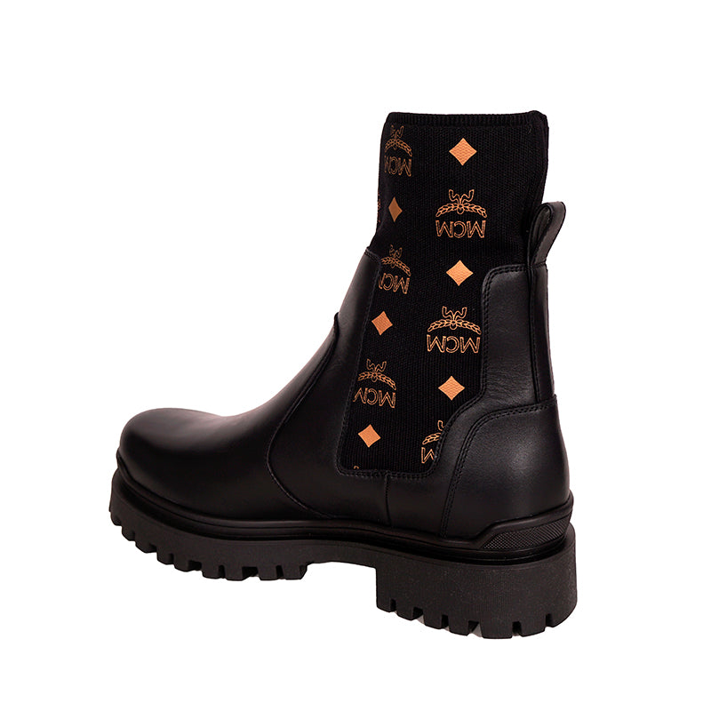 45 US 12 NEW $750 MCM Men Black Leather Cognac LOGO MONOGRAM Knit Chelsea BOOTS