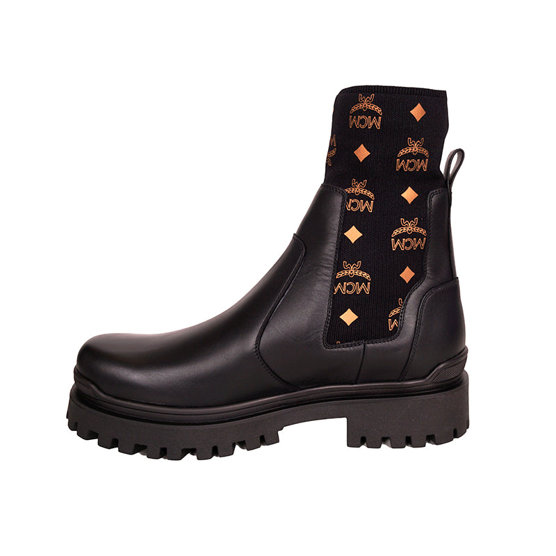 45 US 12 NEW $750 MCM Men Black Leather Cognac LOGO MONOGRAM Knit Chelsea BOOTS