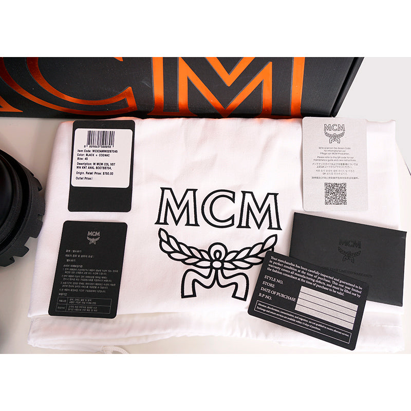 45 US 12 NEW $750 MCM Men Black Leather Cognac LOGO MONOGRAM Knit Chelsea BOOTS