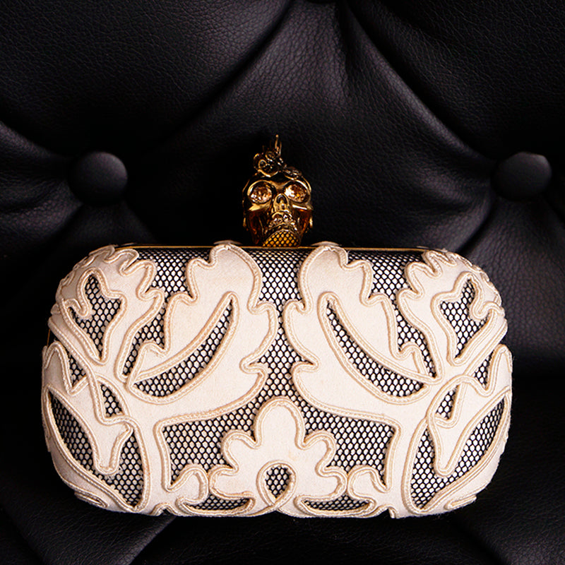 Vintage 2013 ALEXANDER MCQUEEN Ivory Appliqué Mesh GOLD LACE SKULL CLUTCH Sac