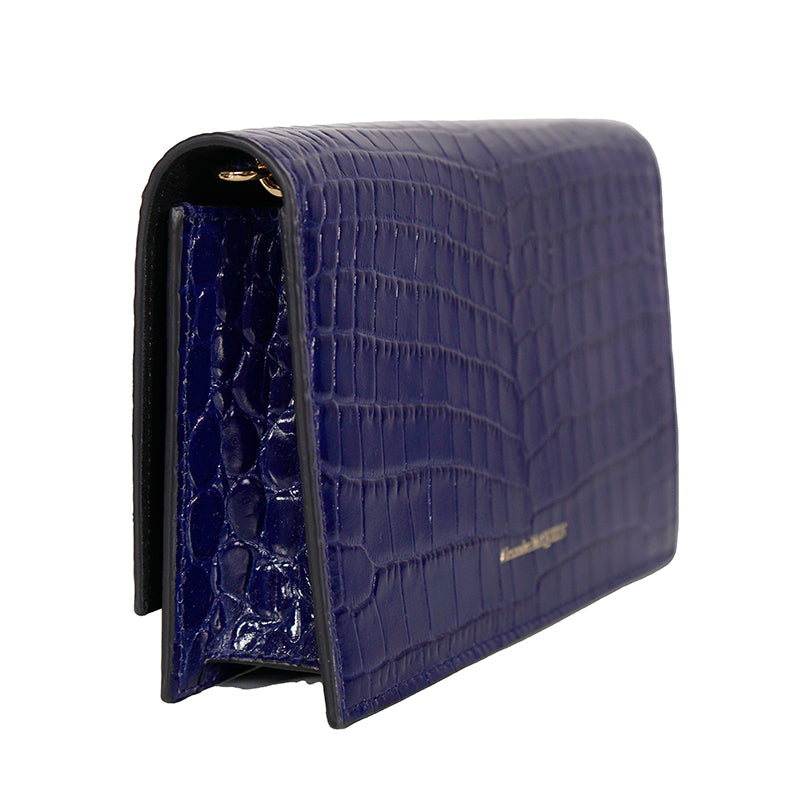 NEW $990 ALEXANDER MCQUEEN Midnight Blue CROC EMBOSSED Leather SKULL Chain BAG