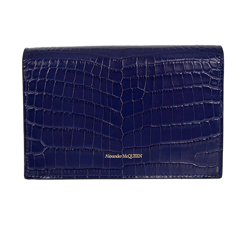 NEW $990 ALEXANDER MCQUEEN Midnight Blue CROC EMBOSSED Leather SKULL Chain BAG