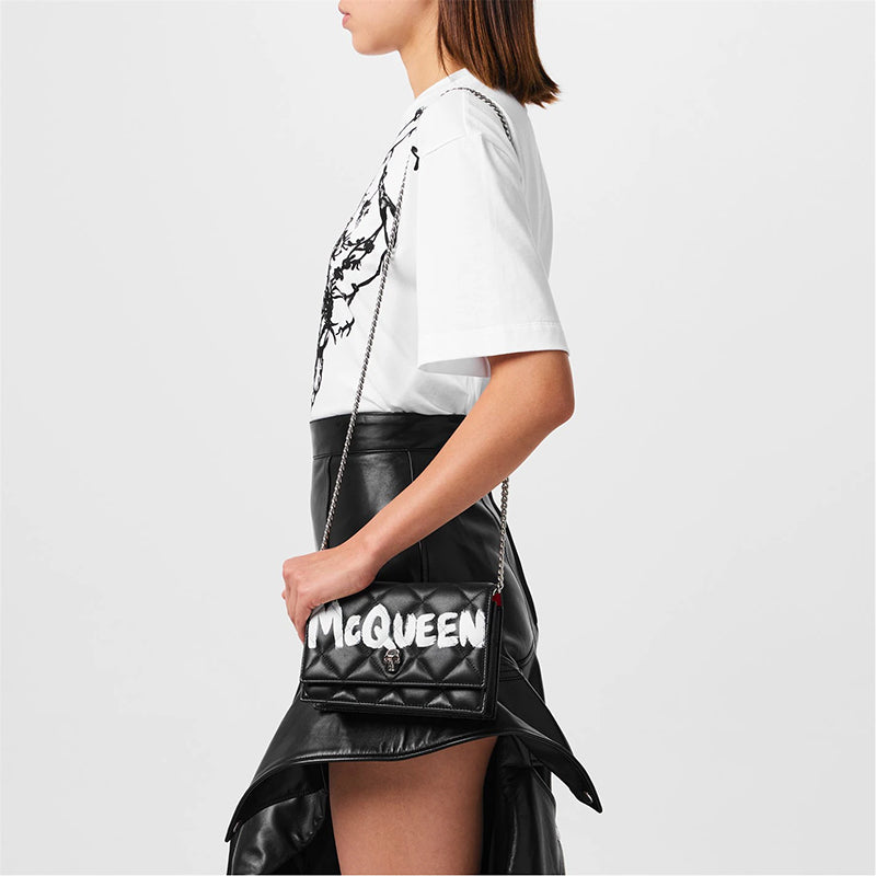 NEW $1290 ALEXANDER MCQUEEN Black GRAFFITI Quilted Leather SKULL Crossbody BAG