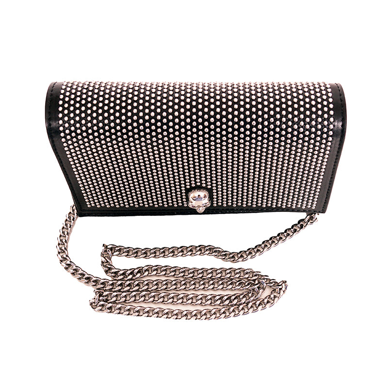 NEW $1390 ALEXANDER MCQUEEN Black STUDDED Leather SKULL Crossbody FLAP BAG NIB