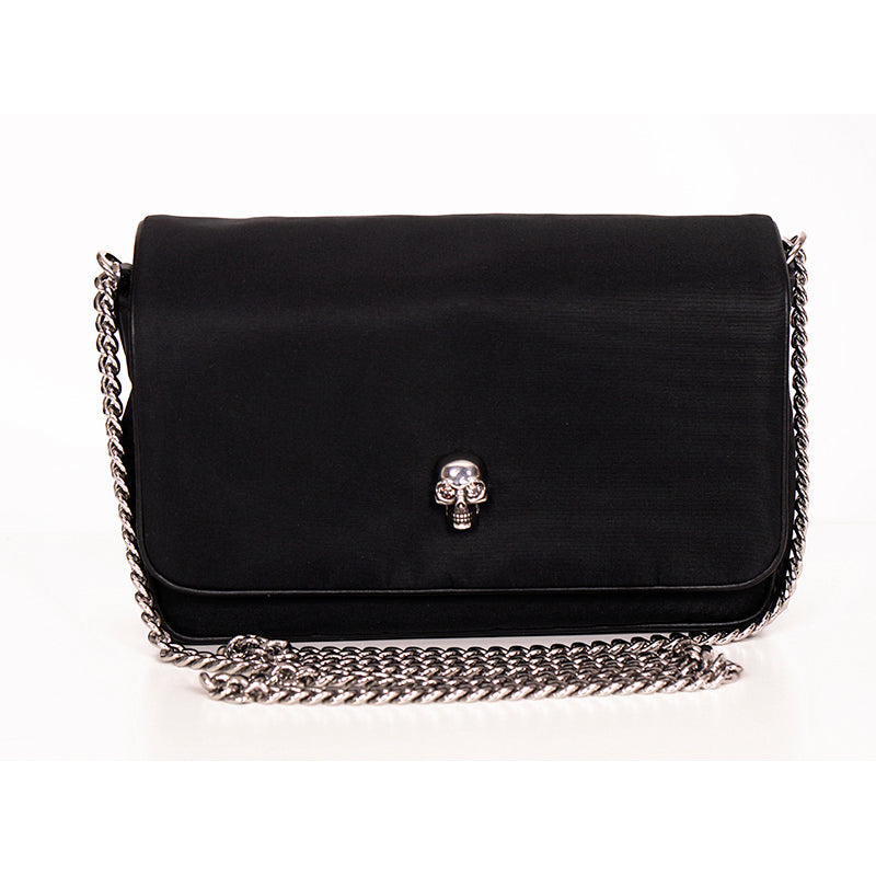 NEW $890 ALEXANDER MCQUEEN Black Nylon CRYSTAL SKULL Camera Flap BAG RED LINING!