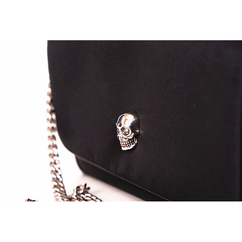 NEW $890 ALEXANDER MCQUEEN Black Nylon CRYSTAL SKULL Camera Flap BAG RED LINING!