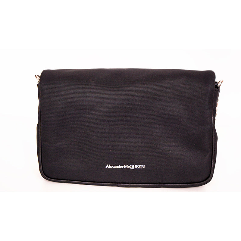 NEW $890 ALEXANDER MCQUEEN Black Nylon CRYSTAL SKULL Camera Flap BAG RED LINING!