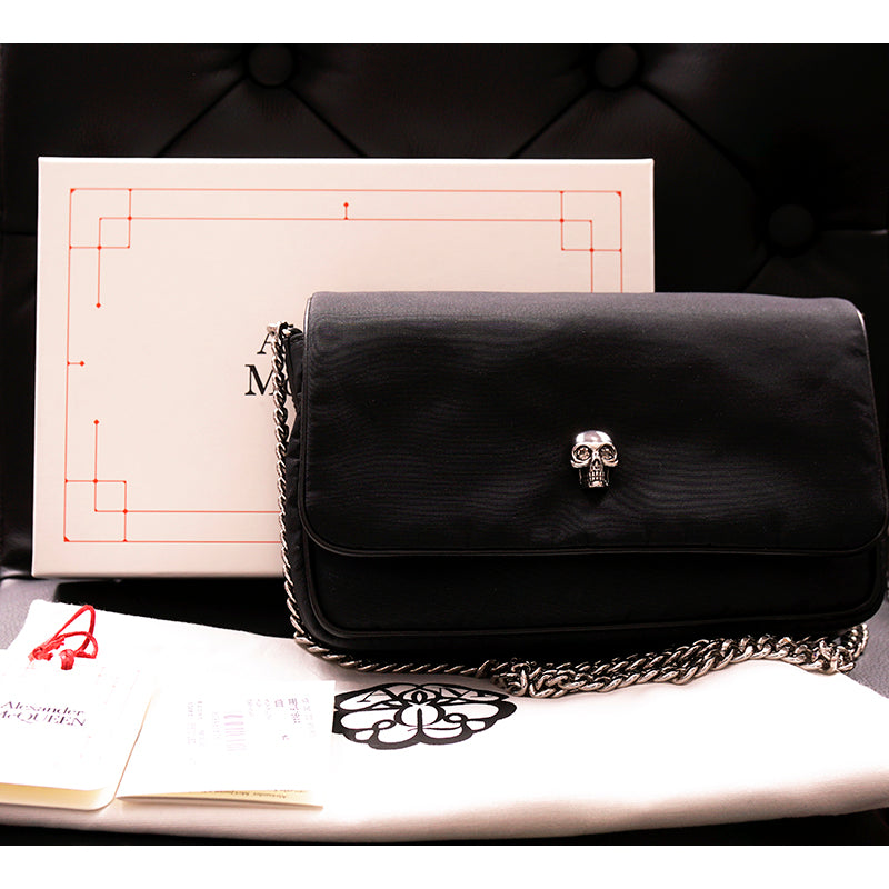 NEW $890 ALEXANDER MCQUEEN Black Nylon CRYSTAL SKULL Camera Flap BAG RED LINING!